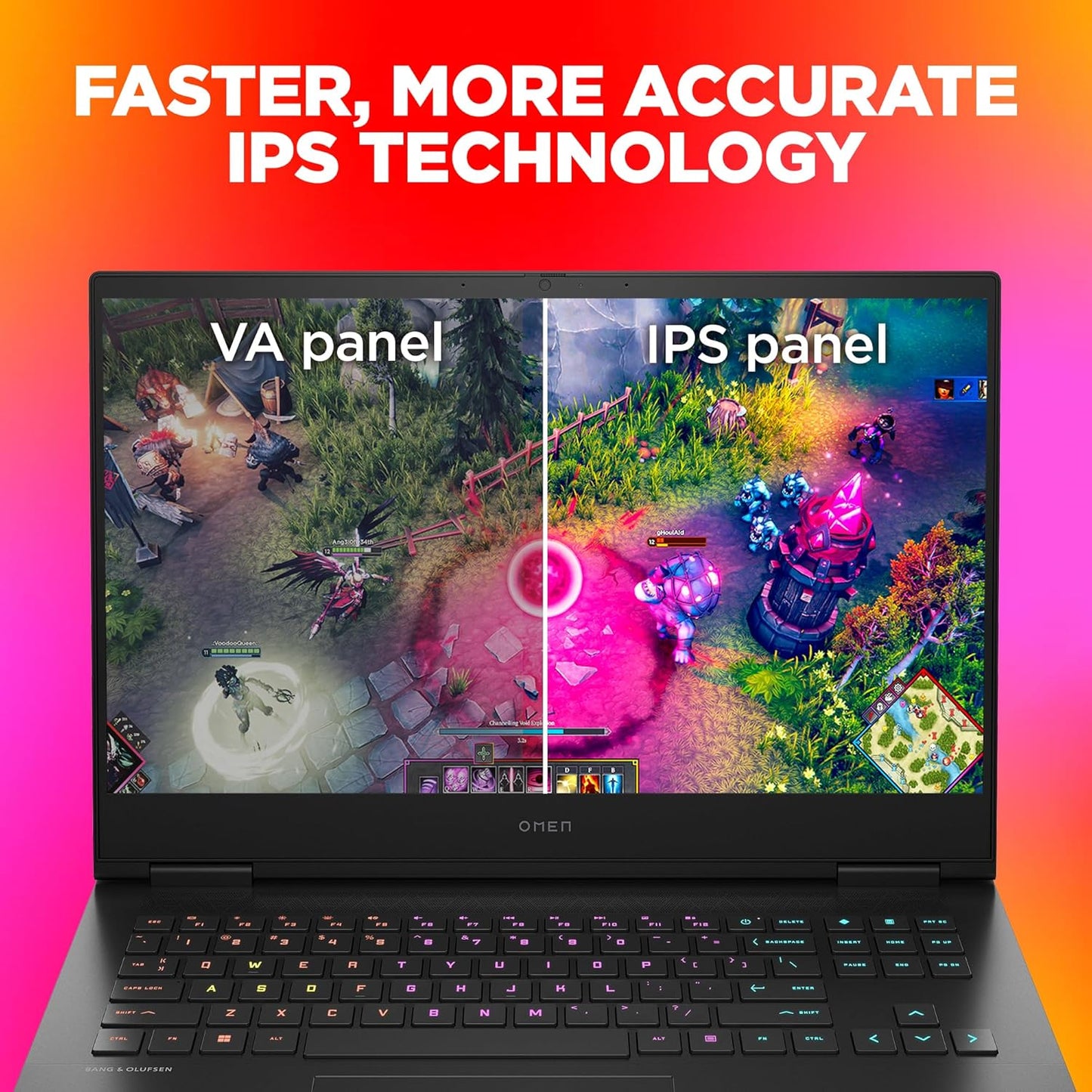 HP Omen 16 gaming laptop showing comparison of VA and IPS display panels with vibrant gaming graphics