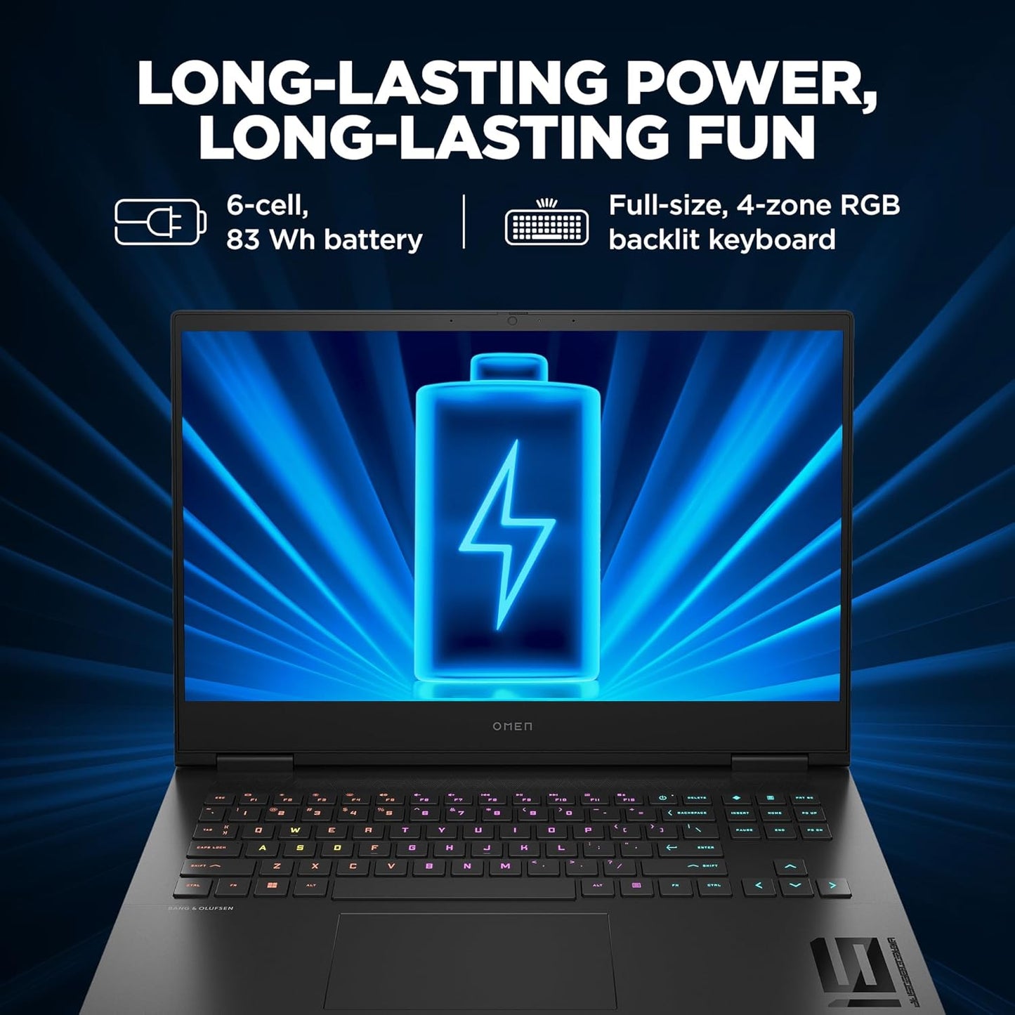 HP Omen 16 Gaming Laptop with full-size 4-zone RGB backlit keyboard and long-lasting 83 Wh battery