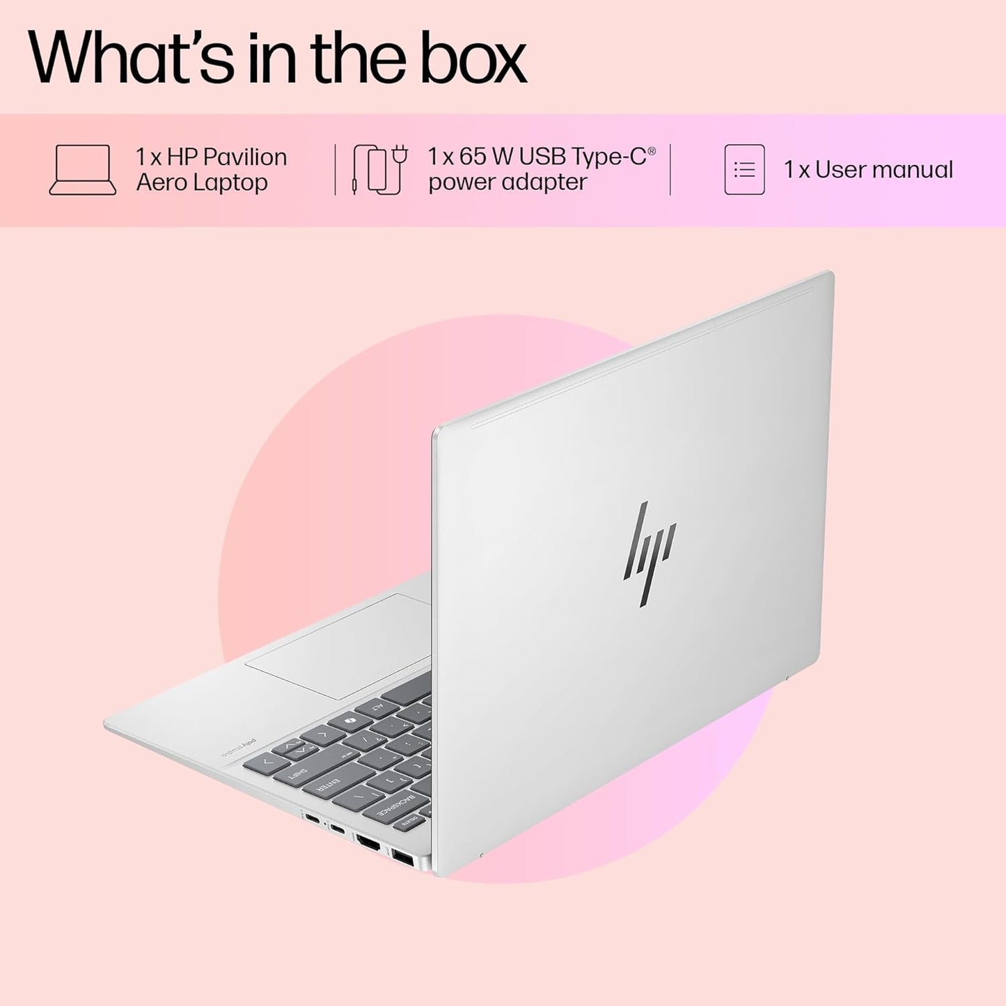 Sleek silver HP Pavilion Aero Ryzen 5 laptop shown partially open with visible keyboard and logo