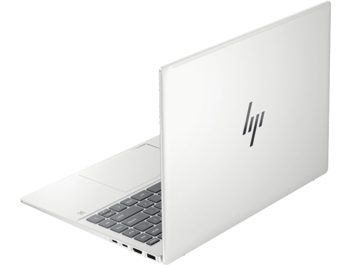 HP Pavilion Plus14 laptop i5-1335U in silver with slim design and backlit keyboard partially open