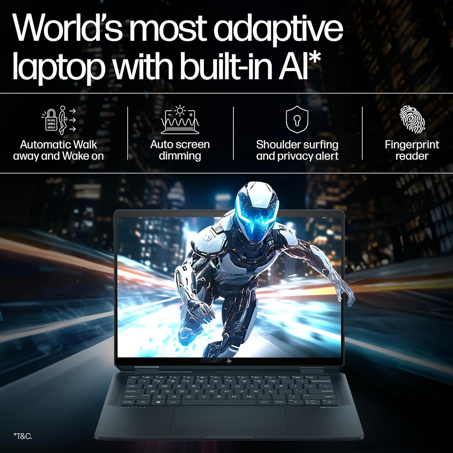 HP Spectre x360 14 Slate Blue laptop with AI features showing futuristic design and dynamic screen display