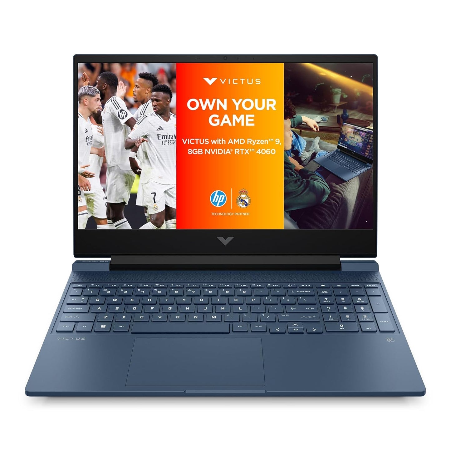Front view of HP Victus 15 gaming laptop with full keyboard and vibrant display showing game and sports graphics