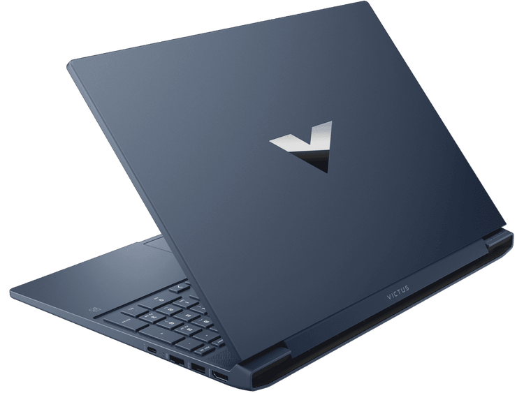Sleek dark blue HP Victus 15 Ryzen 5 gaming laptop partially open showing keyboard and ports