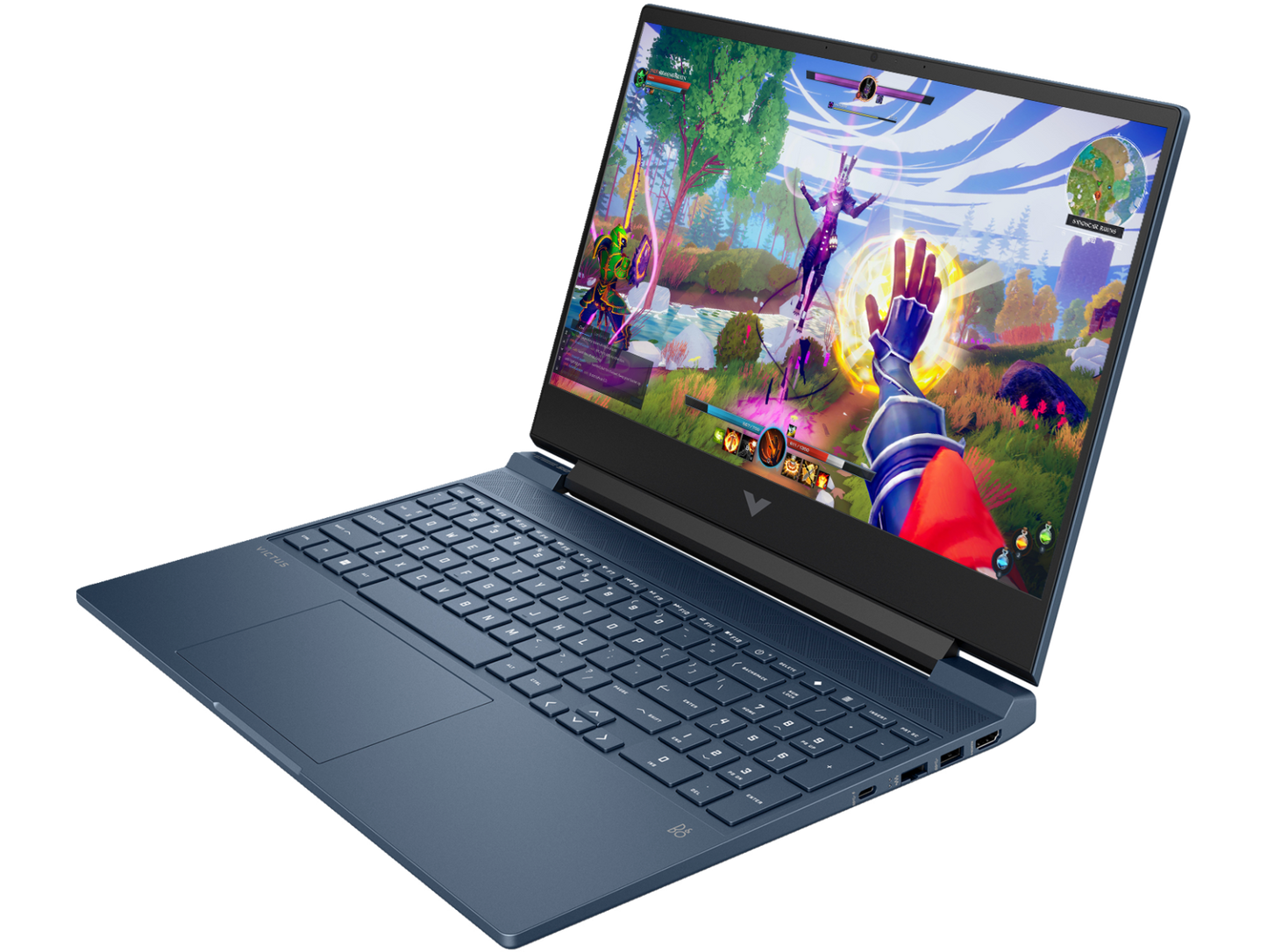 HP Victus 15 Ryzen 5 gaming laptop showing a colorful game on screen with full keyboard and ports