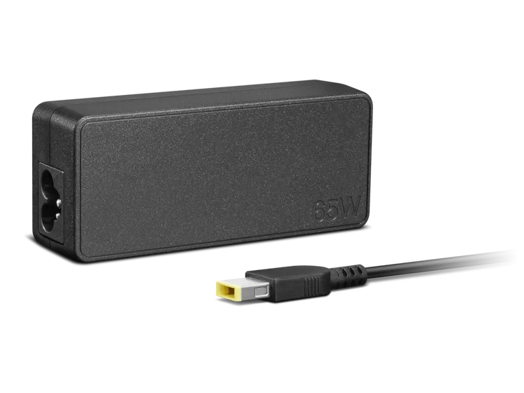 Lenovo 65W Slim Adapter black rectangular power adapter with yellow tip connector on black background