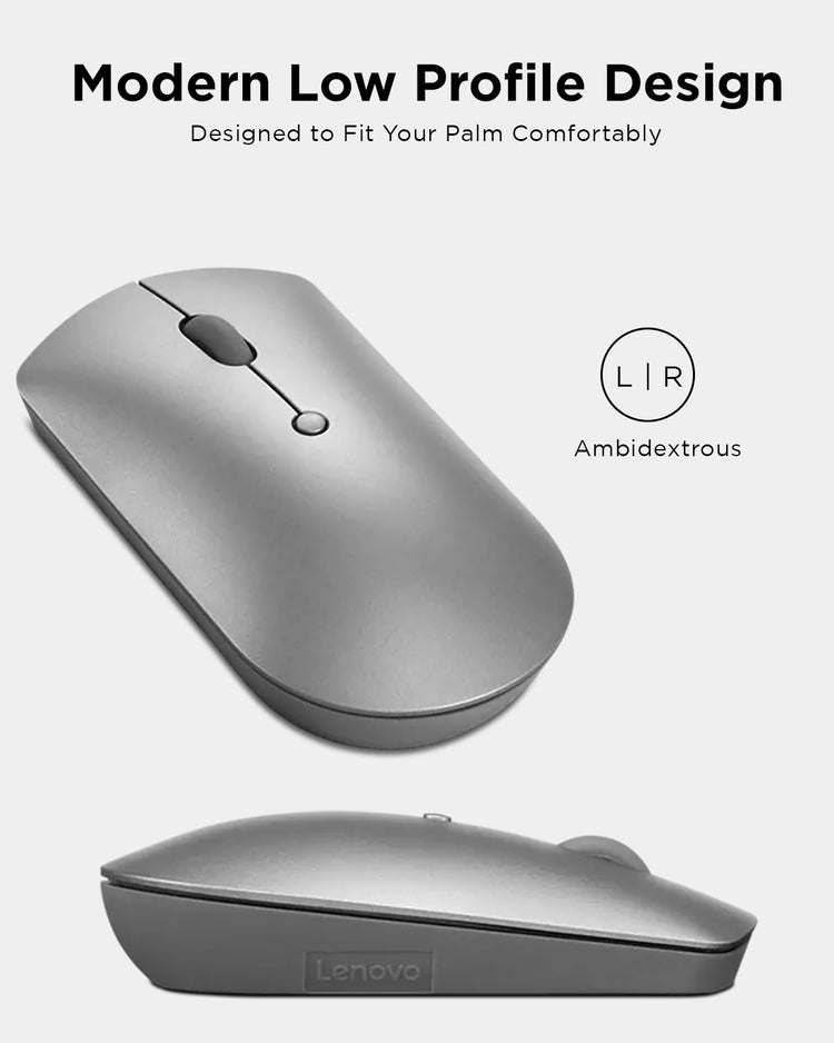 Lenovo Bluetooth mouse in sleek gray with modern low profile design and ambidextrous use