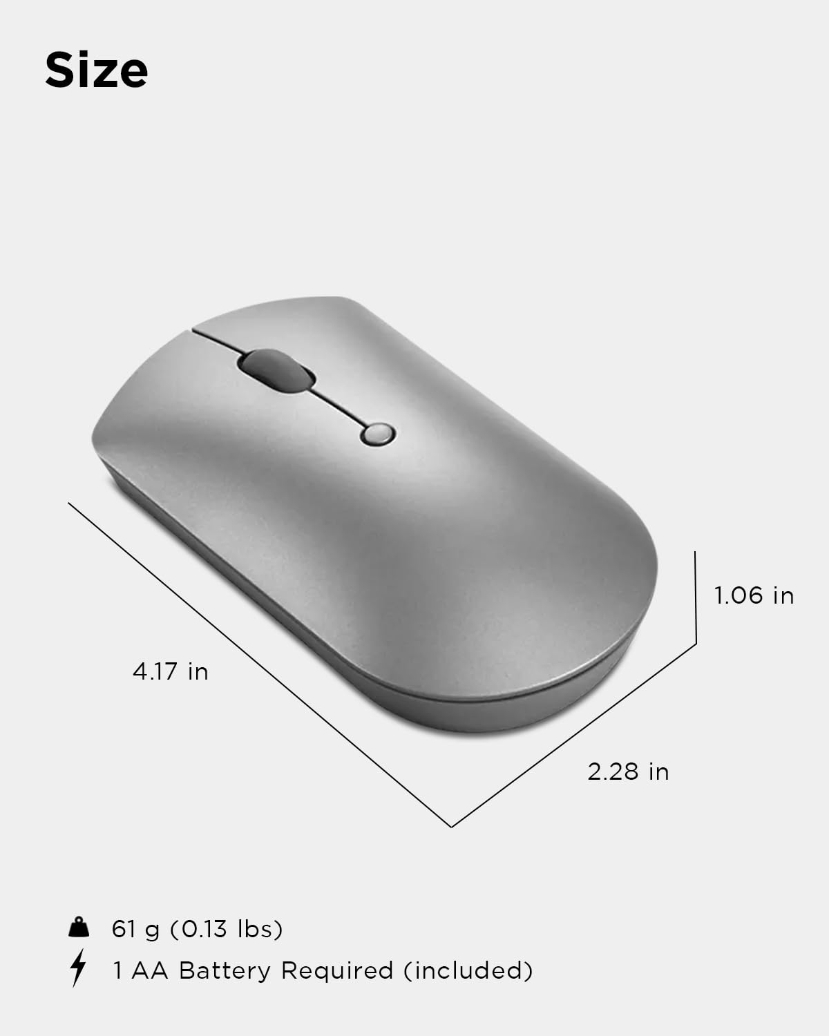Compact silver Lenovo Bluetooth mouse with dimensions 4.17 by 2.28 by 1.06 inches and battery included
