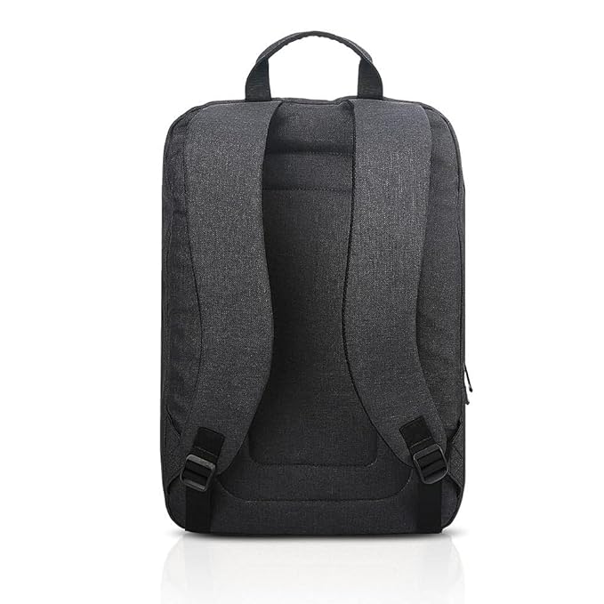 Back view of Lenovo casual backpack in dark gray with padded shoulder straps and top handle