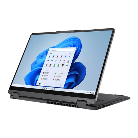 Lenovo IdeaPad Flex 5i convertible laptop in tent mode with Windows 11 display and sleek black design