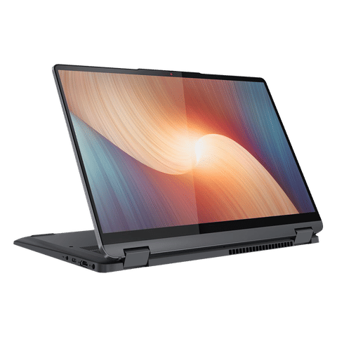 Lenovo IdeaPad Flex 5i 2-in-1 laptop with touchscreen display in tent mode against black background