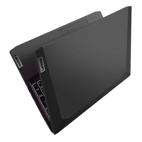Top view of black Lenovo Ideapad Gaming 3 laptop partially open showing keyboard and lid