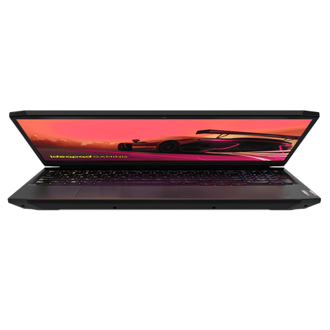 Lenovo Ideapad Gaming 3 laptop partially open with a racing car image on the screen against black background