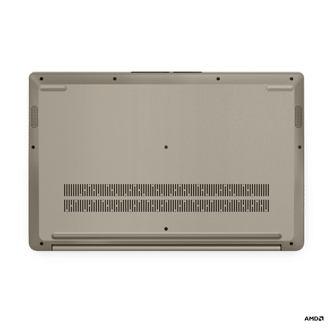 Bottom view of Lenovo Ideapad Slim 1 laptop showing ventilation and speaker grills in beige color