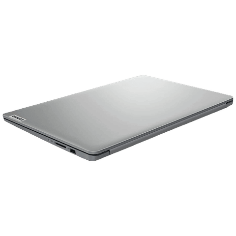 Closed silver Lenovo Ideapad Slim 1 laptop with sleek design and thin profile on black background