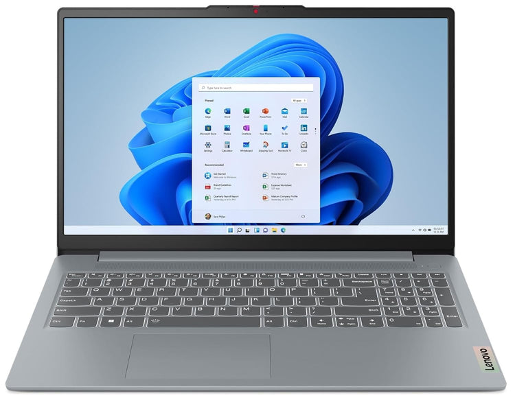 Lenovo Ideapad Slim 3 laptop with silver body, full keyboard, and Windows 11 on screen