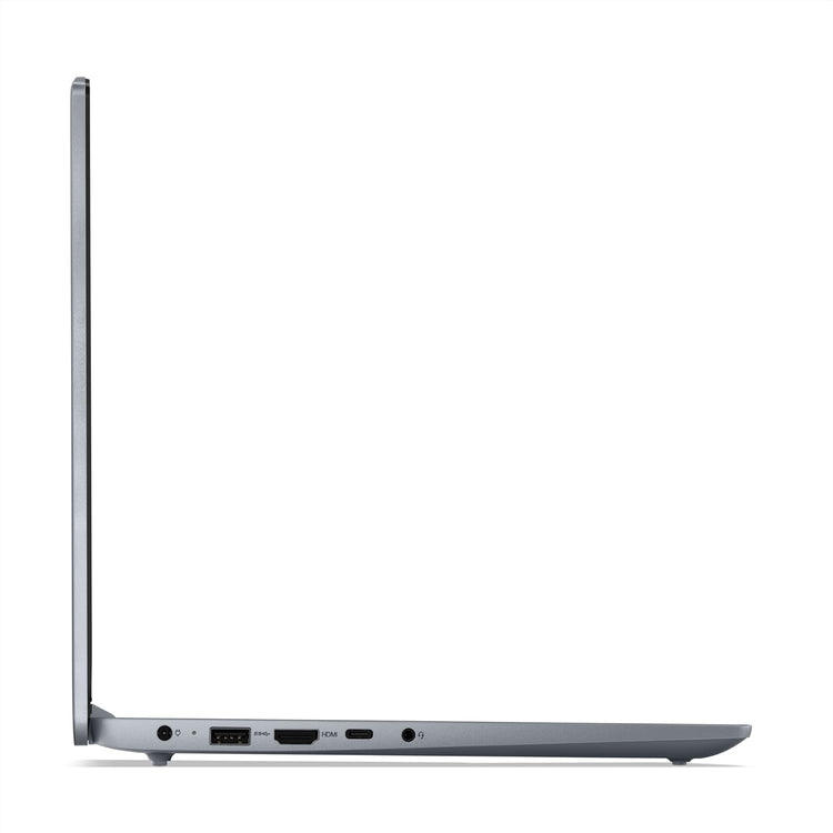 Side view of Lenovo Ideapad Slim 3 laptop showing thin profile and ports in silver color