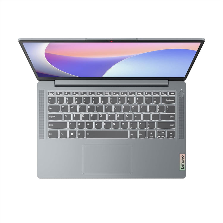 Top view of Lenovo Ideapad Slim 3 laptop with open screen and full keyboard in gray color