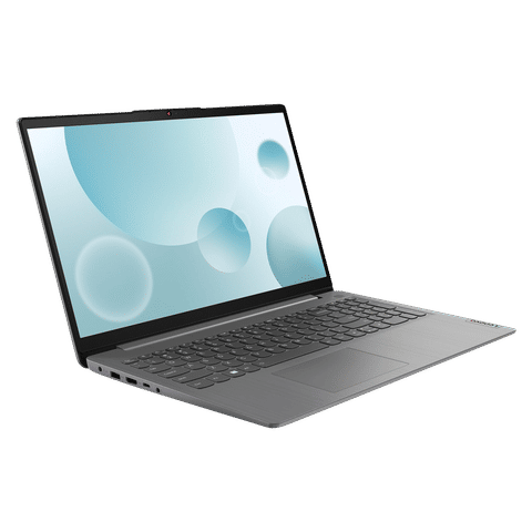 Lenovo Ideapad Slim 3i laptop with sleek gray design and open display showing blue abstract wallpaper