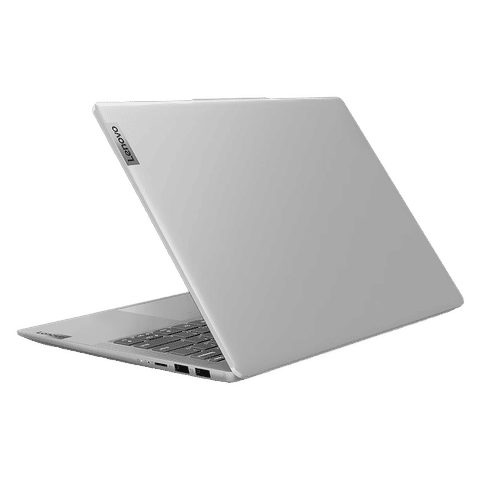 Slim silver Lenovo Ideapad Slim 3i laptop partially open showing back and side ports