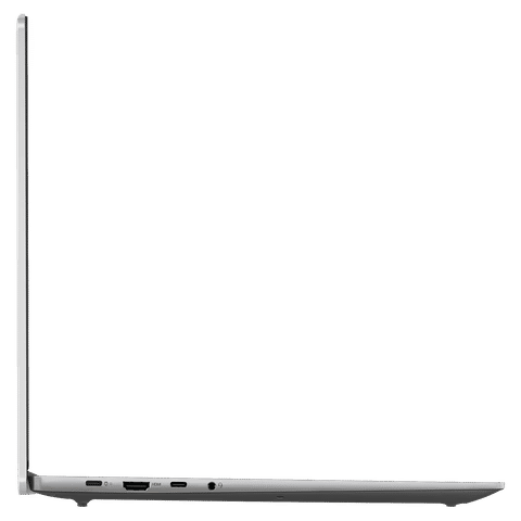 Slim silver Lenovo Ideapad Slim 5 laptop open at side view showing thin profile and ports