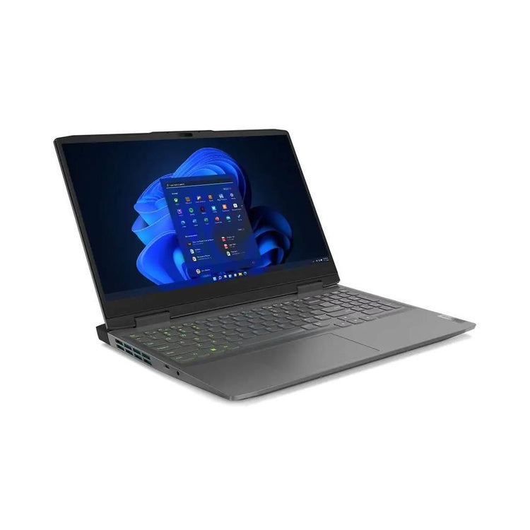 Lenovo LOQ gaming laptop with black chassis and illuminated keyboard showing Windows screen