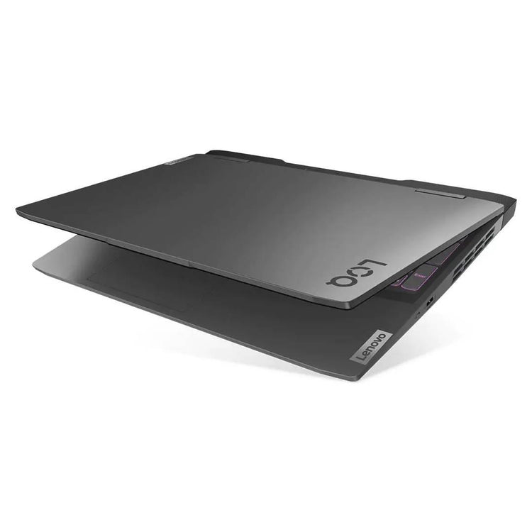 Sleek partially open Lenovo LOQ gaming laptop with black finish and backlit keyboard