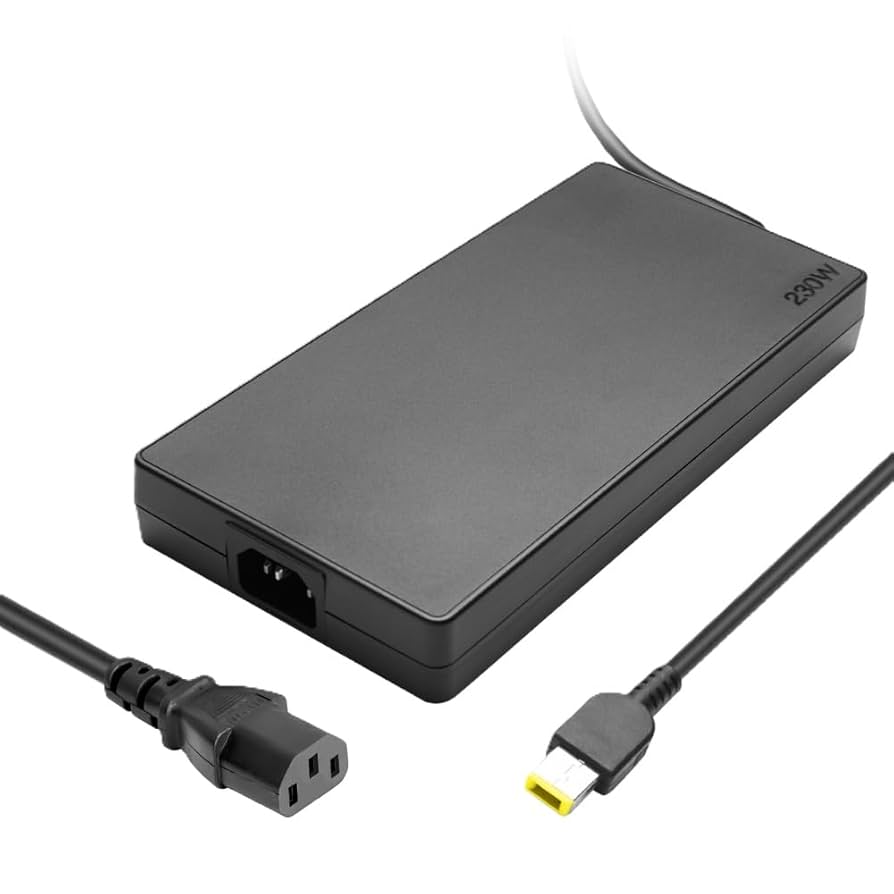Lenovo Slim 230W AC Adapter in black with power and charging cables for laptop compatibility