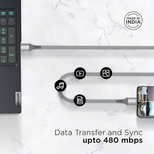 Lenovo USB C cable in gray braided design for data transfer and sync up to 480 mbps