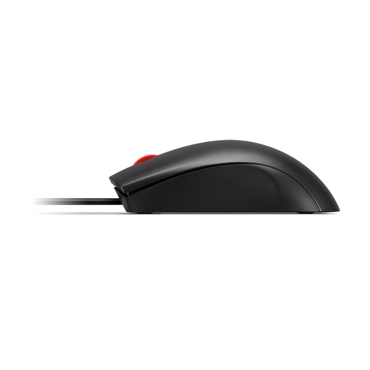 Side view of black Lenovo wired mouse with red scroll wheel and ergonomic design