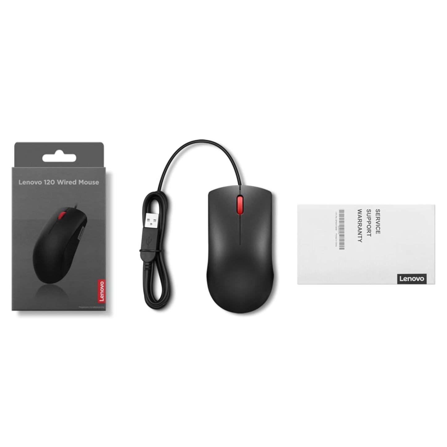 Lenovo wired mouse in black with red scroll button, USB cable, packaging box, and warranty card