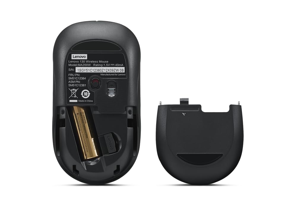 Back view of Lenovo Wireless Mouse 130 with battery compartment and removable cover shown