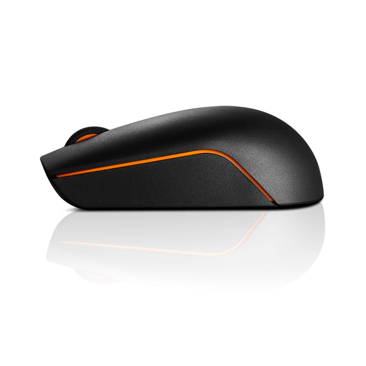 Lenovo wireless mouse in black with orange accents and ergonomic design