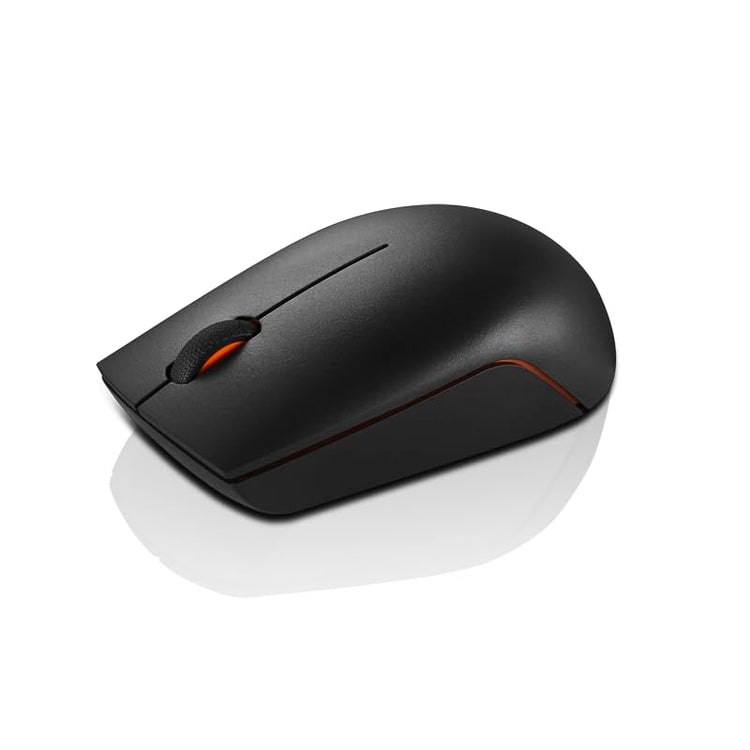 Black Lenovo wireless mouse with sleek ergonomic design and orange accents