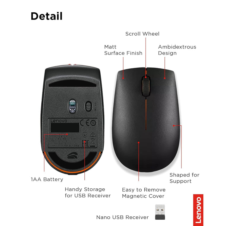 Lenovo wireless mouse with ambidextrous design, scroll wheel, matte finish, and magnetic cover
