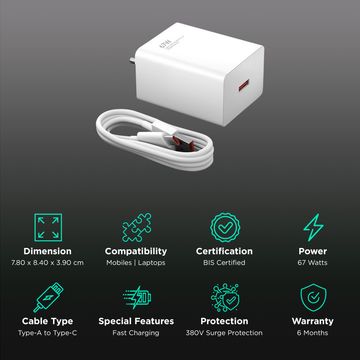 Redmi Mi 67W fast charger with white compact design and Type-A to Type-C cable for fast charging
