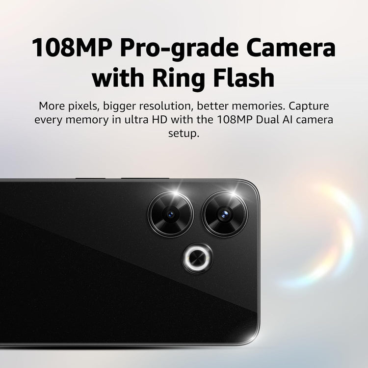 Redmi 13 5G smartphone with 108MP pro-grade dual camera and ring flash in black