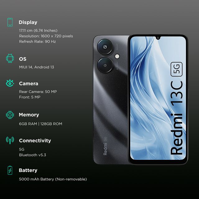 Redmi 13C 5G smartphone with 6.74 inch display, dual cameras, 6GB RAM, and 5000mAh battery