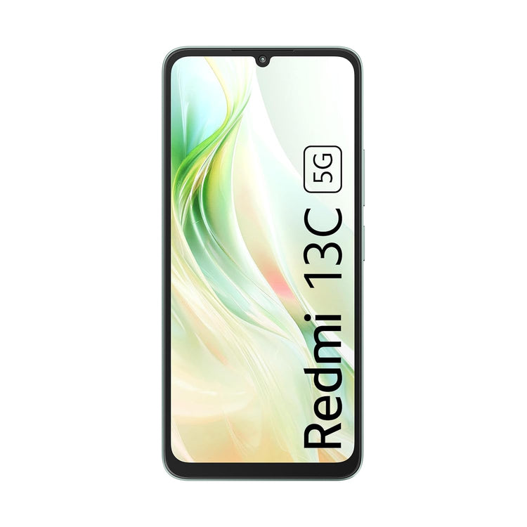 Front view of Redmi 13C 5G smartphone with waterdrop notch display and minimalist wallpaper