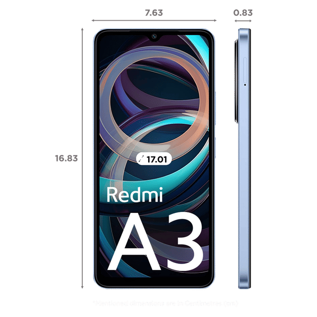 Redmi A3 4GB 128GB Lake Blue phone front and side view with dimensions on black background
