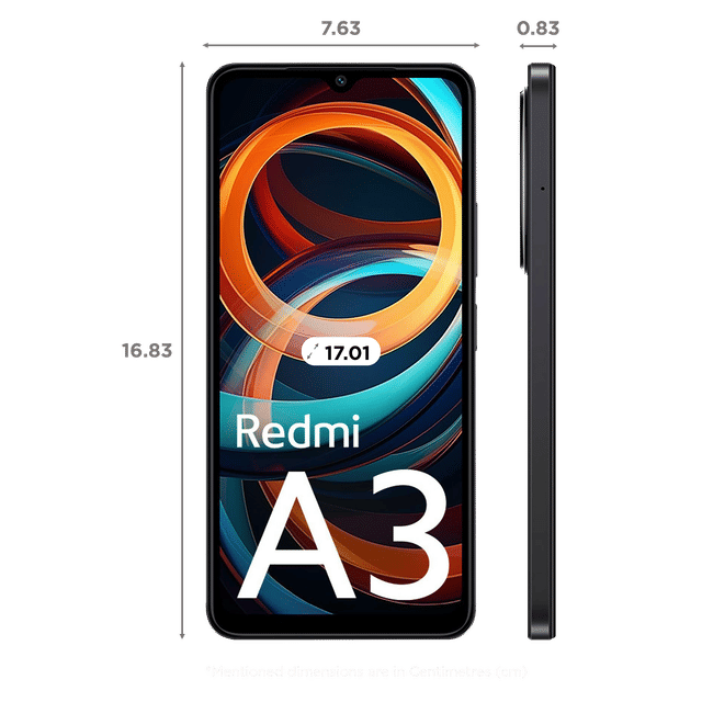 Front and side view of Redmi A3 6GB 128GB Midnight Black phone with screen dimensions displayed