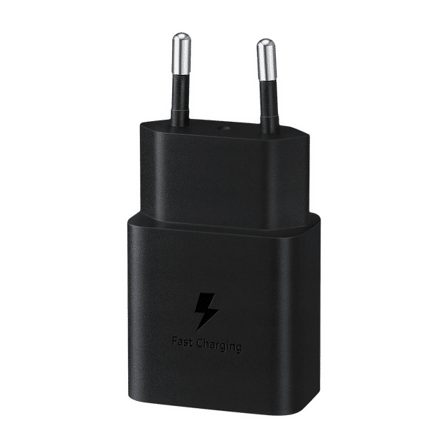 Black Samsung 15W fast charger with compact design and fast charging symbol for Samsung accessories