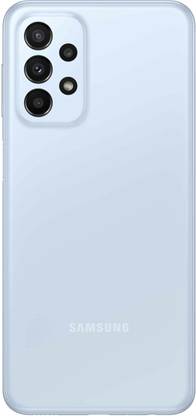 Samsung Galaxy A23 5G unlocked phone in light blue with quad rear camera setup