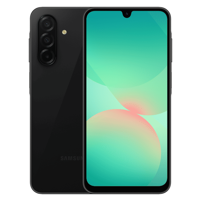 Samsung Galaxy A26 5G unlocked smartphone in black showing front screen and rear triple camera