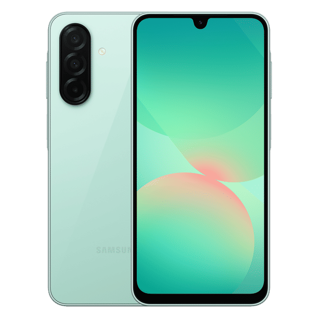 Samsung Galaxy A26 5G unlocked mint green smartphone showing front and back with triple rear cameras