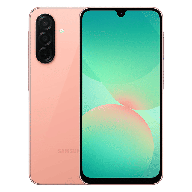 Samsung Galaxy A26 5G unlocked smartphone in pink showing front display and triple rear cameras