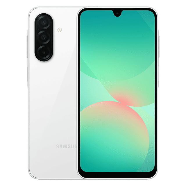 Samsung Galaxy A26 5G unlocked white phone showing front display and triple rear camera