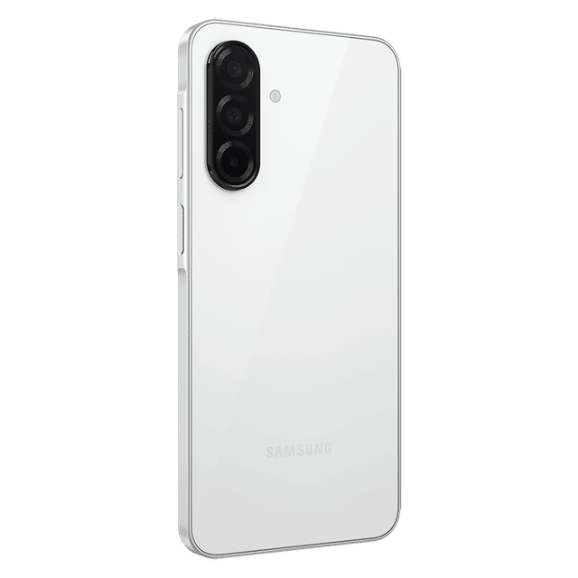 White Samsung Galaxy A26 5G unlocked smartphone showing rear triple camera setup and sleek design