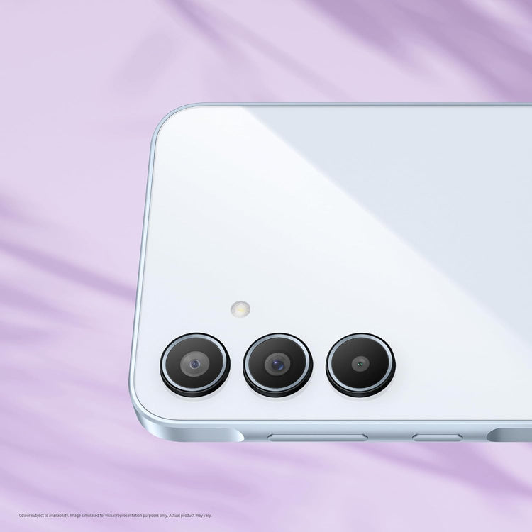 Close-up of white Samsung Galaxy A35 5G smartphone camera lenses and sleek design on purple background