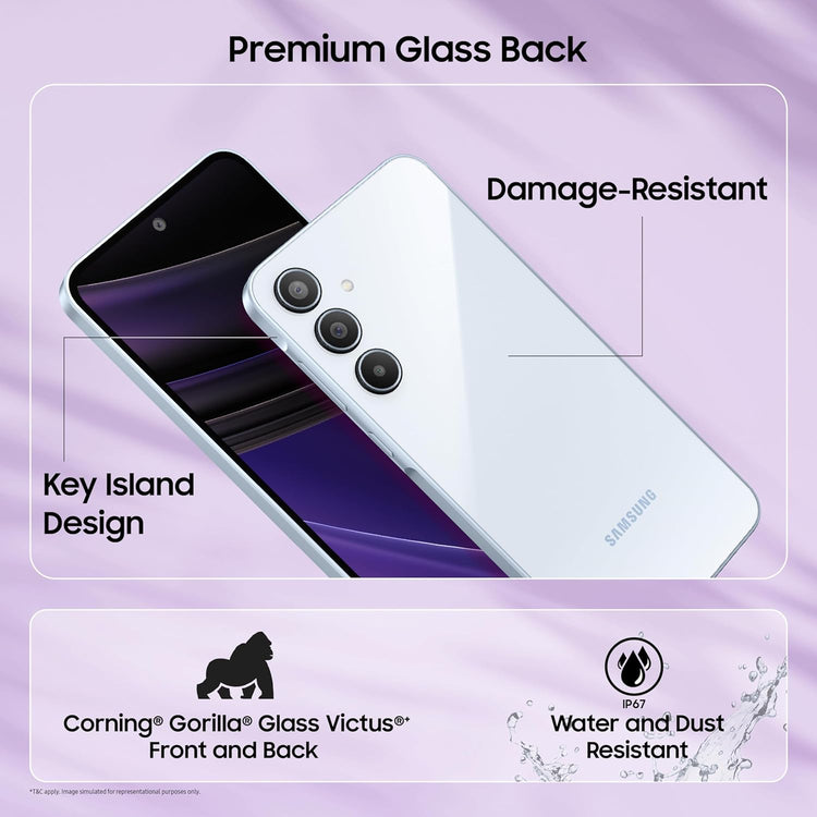Samsung Galaxy A35 5G phone showing white damage-resistant glass back and front with triple camera and water dust resistance