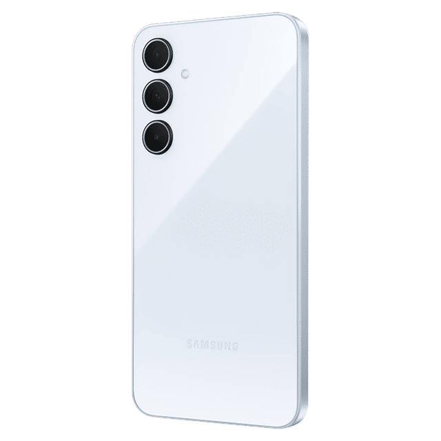 Samsung Galaxy A35 5G white smartphone showing triple camera setup on back